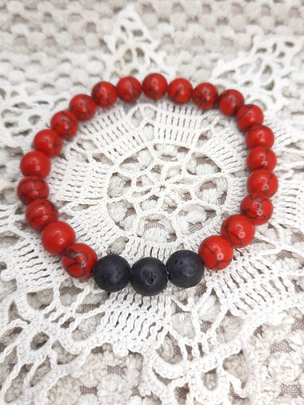 Artisan Red Howlite Beaded Bracelet 8mm Black Lava Stone Diffuser Unisex Boho